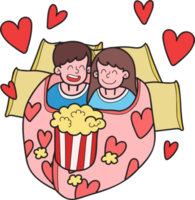 homme et femme dessinés à la main regardant un film dans une illustration de couverture png