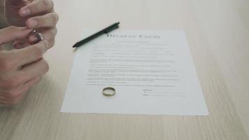 Husband remove married ring between waiting sign divorce document. Concepts of lovers having family problems and divorce or quarrels or conflicts video