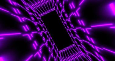 Abstract purple futuristic tunnel square rectangular grid of glowing neon lines digital beautiful magical energy on a dark background. Abstract background photo