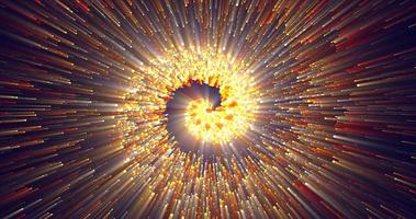 túnel espiral abstracto de hermosas partículas mágicas voladoras que brillan intensamente círculos de fuego naranja de energía bokeh sobre un fondo oscuro. fondo abstracto foto