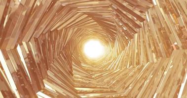A rotating golden metal tunnel with walls of ribs and lines in the form of an octagon with reflections of luminous rays. Abstract background photo