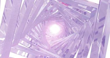 A rotating silver metallic chrome-plated shiny tunnel with walls of ribs and lines in the form of a square with reflections of luminous rays. Abstract background photo