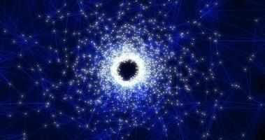 A spinning bright luminous blue unusual beautiful tunnel spiral of digital triangles connected by lines triangulation background space dark abstract photo