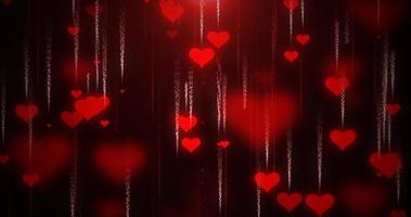 fondo de amor rojo festivo de corazones voladores con efecto de desenfoque y brillo y partículas para el día de san valentín. fondo abstracto foto