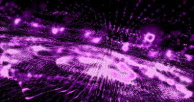 Abstract background with purple moving flying stripes, lines, waves of digital hi-tech smoke particles with blur effect and bokeh photo