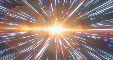 Abstract blue yellow flying stars bright glowing in space with particles and magical energy lines in a tunnel in open space with sun rays. Abstract background. photo