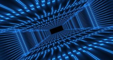 Abstract blue futuristic tunnel square rectangular grid of glowing neon lines digital beautiful magical energy on a dark background. Abstract background photo