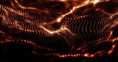 Abstract orange futuristic waves from a grid of particles lines glowing bright shiny neon digital magical energy on a dark background. Abstract background photo
