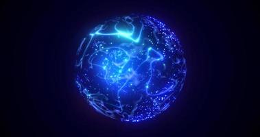 un planeta azul redondo con un núcleo fundido en el centro del espacio, una esfera estelar con un campo luminoso mágico de energía procedente del plasma. fondo abstracto foto