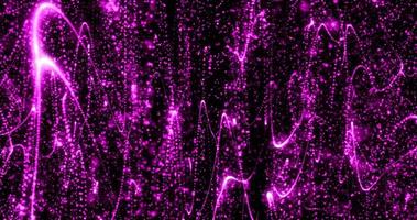 Abstract purple background from pixel particles and lines flying in waves of futuristic hi-tech with a glow effect and background blur, screensaver photo