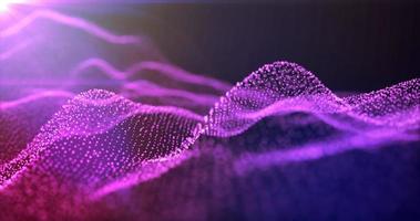 Futuristic abstract purple glowing wave lines from dots and particles of shining pixels magical energy glowing neon in sunbeams. Abstract background photo