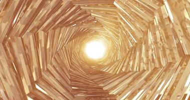 A rotating golden metal tunnel with walls of ribs and lines in the form of an octagon with reflections of luminous rays. Abstract background photo