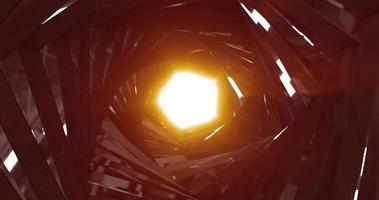 A spinning tunnel with walls made of metal sticks and lines of pentagons with reflections of bright luminous sunbeams. Abstract background photo