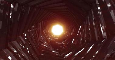 A rotating dark metal tunnel with walls of ribs and lines in the form of an octagon with reflections of luminous rays. Abstract background photo