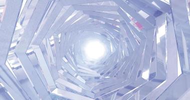 A rotating silver metal chrome shiny tunnel with walls of ribs and lines in the form of a hexagon with reflections of luminous rays. Abstract background photo