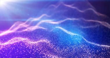 Abstract waves from particles and lines of purple futuristic beautiful flying glowing magical energy with sun rays and blur effect. Abstract background photo