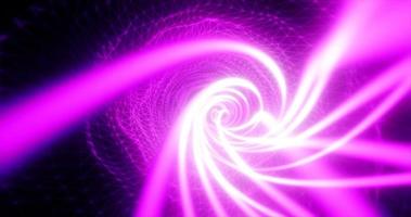 Abstract purple futuristic tunnel from a grid of particles lines glowing bright shiny neon digital magical energy on a dark background. Abstract background photo