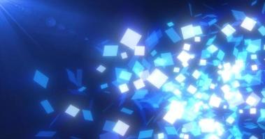 Abstract flying small blue glowing glass squares shiny energetic magical on a dark background. Abstract background photo