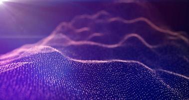 Futuristic abstract purple glowing wave lines from dots and particles of shining pixels magical energy glowing neon in sunbeams. Abstract background photo