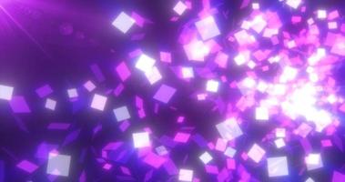 Abstract flying small purple glowing glass squares shiny energetic magical on a dark background. Abstract background photo