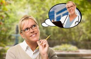 Thoughtful Young Woman with Pencil and Herself As Nurse or Doctor in Thought Bubble. photo