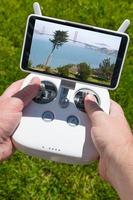 Hands Holding Drone Quadcopter Controller With Golden Gate Bridge View on Screen photo