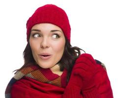 Mixed Race Woman Wearing Mittens and Hat Looks to Side photo