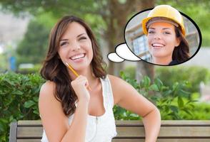 Thoughtful Young Woman with Herself as a Contractor or Builder Inside Thought Bubble. photo