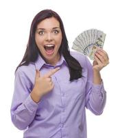 Mixed Race Woman Holding the New One Hundred Dollar Bills photo