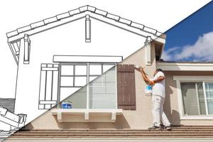 Diagonal Split Screen of Drawing and Photo of House Painter Painting Home