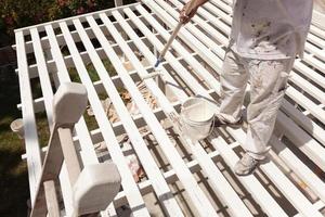 Professional Painter Rolling White Paint Onto The Top of A Home Patio Cover. photo