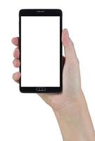 Female Hand Holding Smart Phone with Blank Screen on White photo