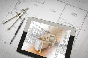 Computer Tablet Showing Kitchen Illustration On House Plans, Pencil, Compass photo