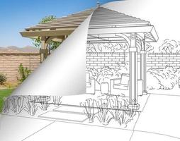 Pergola Drawing with Page Flipping to Completed Photo Behind