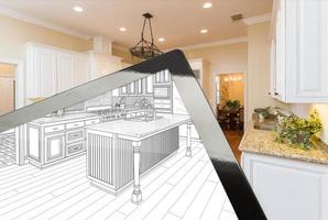 Computer Tablet Showing Drawing of Kitchen Photograph Behind photo