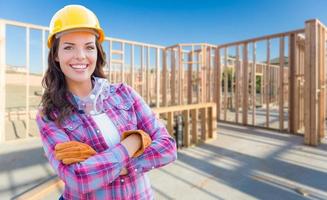 Young Attractive Female Construction Worker Wearing Gloves, Hard Hat and Protective Goggles At Construction Site photo