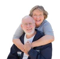 Happy Senior Couple Hugging and Laughing on White photo