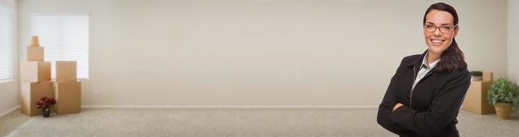 Young Adult Woman Inside Room with Boxes Banner. photo