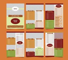 Food menu brochure design vector template in A4 size. 6 Page restaurant menu.