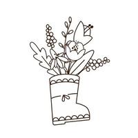 Doodle flower bouquet in a rubber boot. Cute cartoon outline illustration. vector