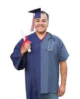 Split Screen of Hispanic Male As Graduate and Nurse Isolated On White photo