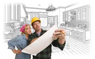 Contractor Discussing Plans with Woman, Kitchen Drawing Behind photo