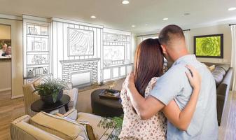 Young Military Couple Inside Custom Room and Design Drawing photo