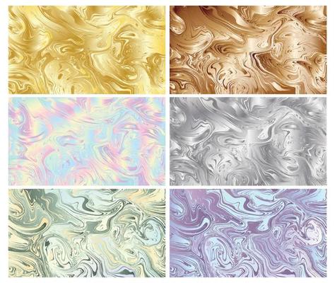 Set of six liquid metals, marble and holographic foil backgrounds