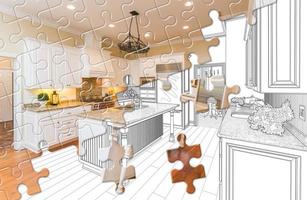 Puzzle Pieces Fitting Together Revealing Finished Kitchen Build Over Drawing photo