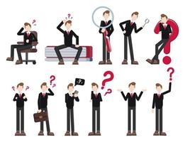confused businessman poses and expressions cartoon flat illustration set vector