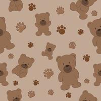 Bear vector in different poses and bear paw pattern seamless vector on brown background , animal pattern seamless