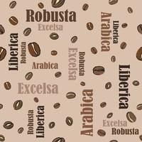 Coffee beans and type of coffee beans sign pattern seamless vector on brown background , coffee beans pattern seamless wallpaper