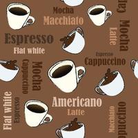 Coffee cup and type of coffee sign pattern seamless vector on brown background , coffee pattern seamless wallpaper