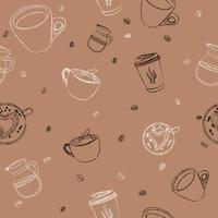 Coffee outline art elements pattern seamless vector on brown background , coffee pattern seamless wallpaper